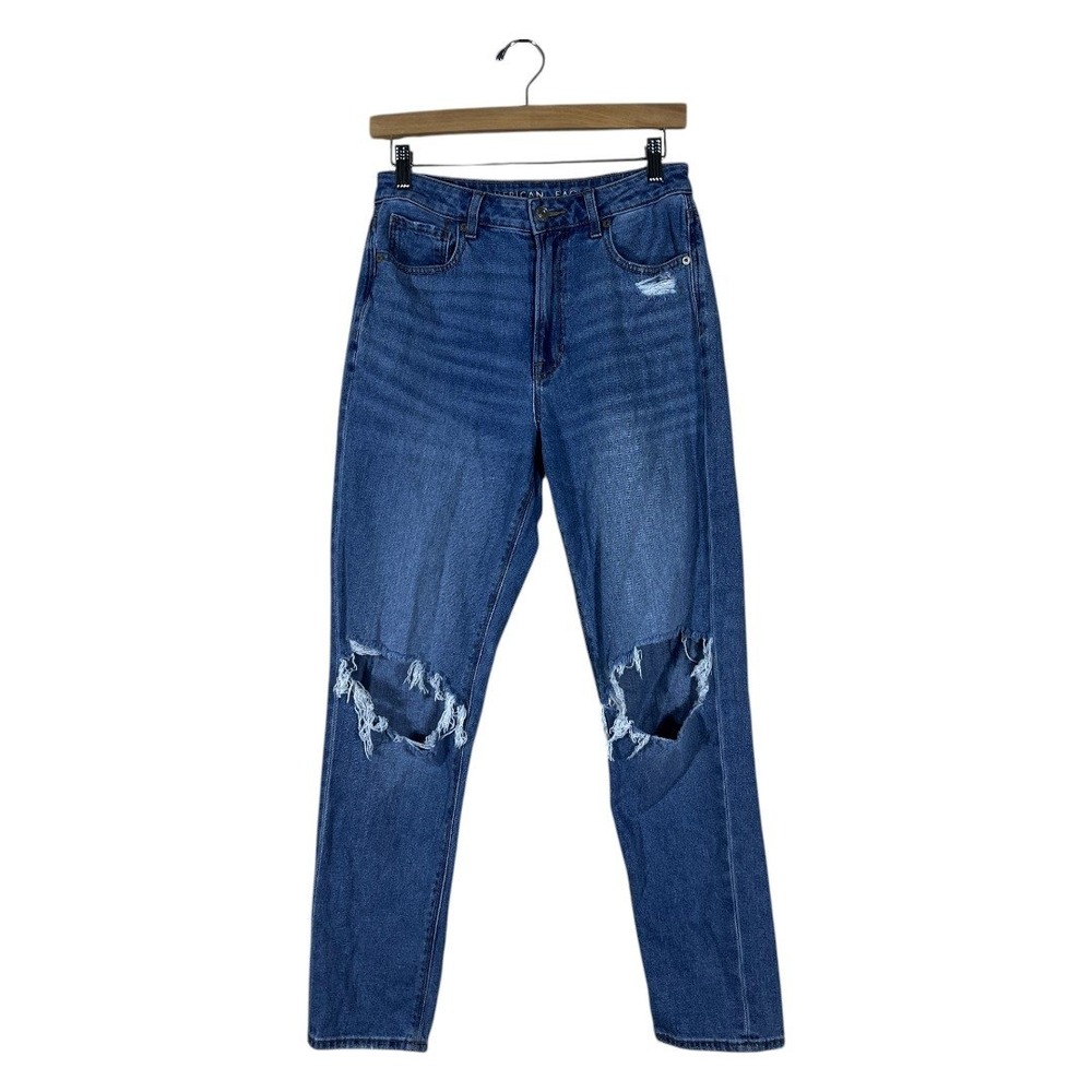 American Eagle Mom Jean Distressed High Rise Tapered Denim Blue Grunge Size 6